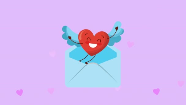 Валентинки карта с любовью сердце в конверте характер — стоковое видео