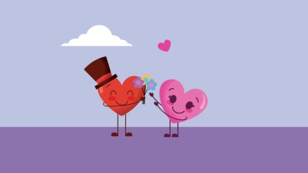 Biglietto di San Valentino con amore coppia cuori personaggi — Video Stock