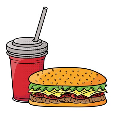 Sodalı lezzetli hamburger ve fast food ikonu.