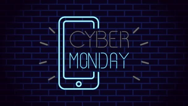 Cyber monday neon light label with smartphone — ストック動画