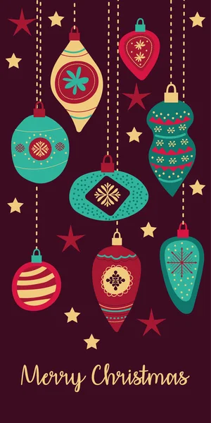 Merry christmas card with balls hanging — Stock Vector