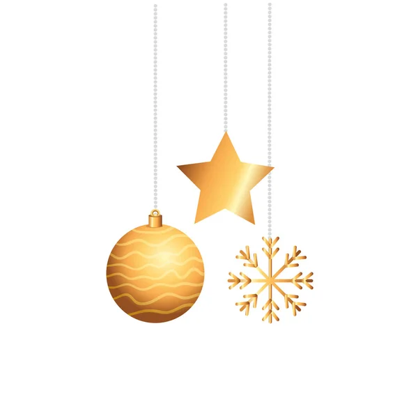 Piłka z gwiazdy i płatki śniegu wiszące Boże Narodzenie — Wektor stockowy