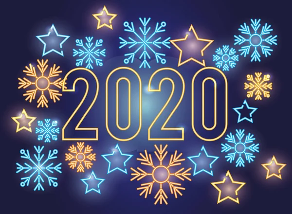 Gelukkig nieuwjaar 2020 neon lichten met sneeuwvlokken — Stockvector