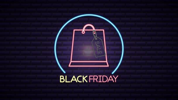 Black Friday Neon Light Etikett mit Einkaufstasche — Stockvideo