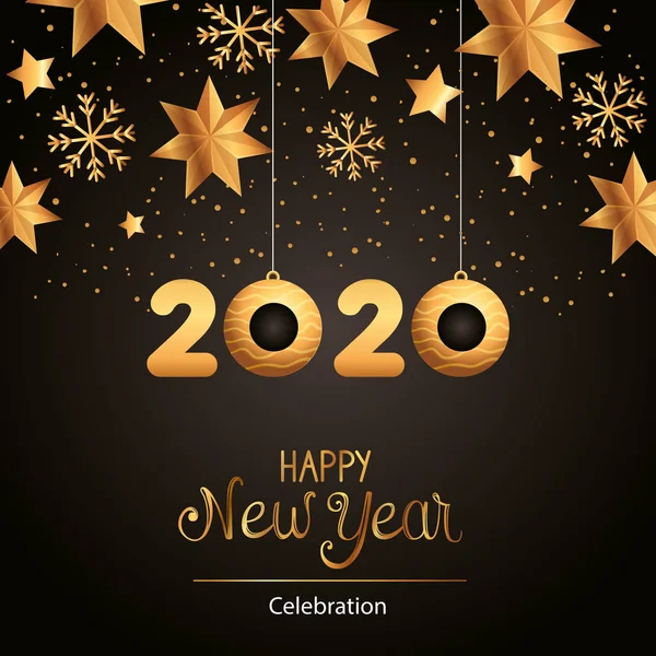 별 과 눈송이가 달린 행복 한 신년 2020 년 포스터 — 스톡 벡터