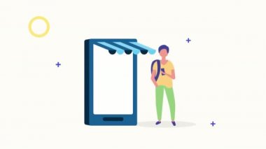 Genç adam akıllı telefon karakteri kullanıyor.