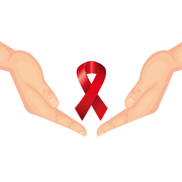 Hands with aids day awareness ribbon — Stock Vector