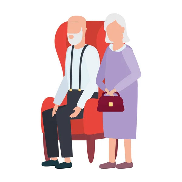 Grand-mère et grand-père assis dans des personnages avatars canapé — Image vectorielle