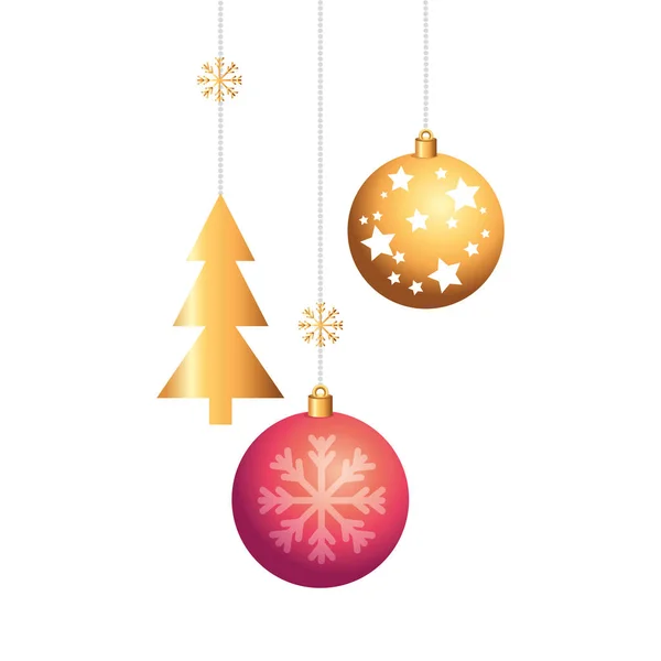 Кульки зі сніжинками та сосновим деревом Різдвяні висячі — стоковий вектор