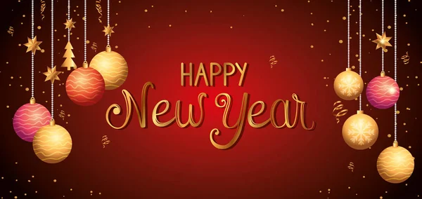 Плакат щасливого нового року з висячими кульками — стоковий вектор