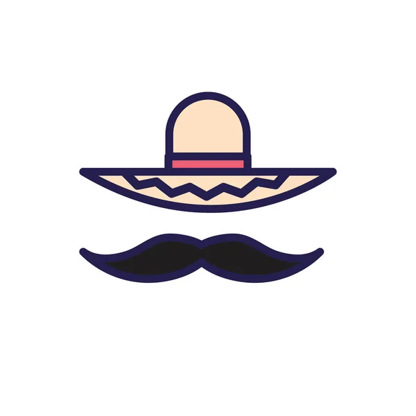 मैक्सिकन संस्कृति टोपी और mustache शैली प्रतीक भरें — स्टॉक वेक्टर