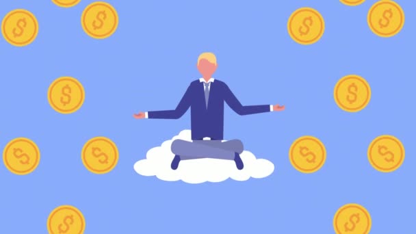 Бизнесмен сидит в позе лотоса с монетами дождь — стоковое видео