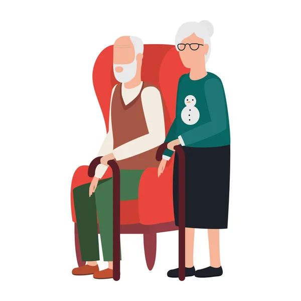 Grootmoeder en grootvader zitten in sofa avatars personages — Stockvector