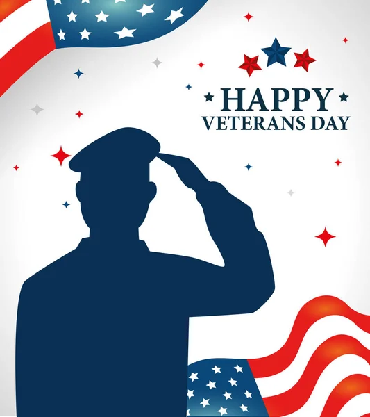 Šťastný veteráni den oslavy s siluetou armády a vlajky — Stockový vektor