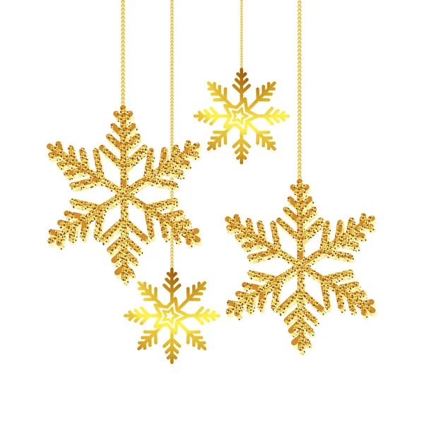 Золотые снежинки Рождества висит изолированная икона — стоковый вектор