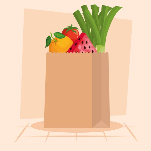 Karpuz pırasalı domates ve turuncu vektör tasarımlı çanta. — Stok Vektör