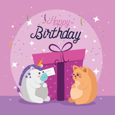 Tek boynuzlu at ve kedi Mutlu yıllar vektör tasarımı