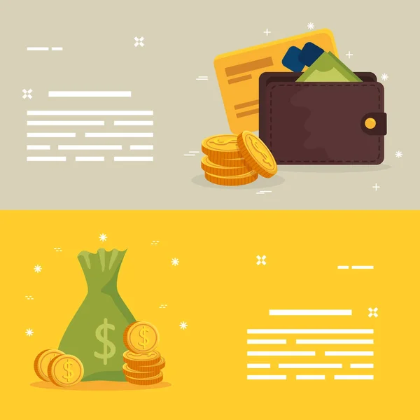 Conjunto con billetera y bolsa de dinero — Vector de stock