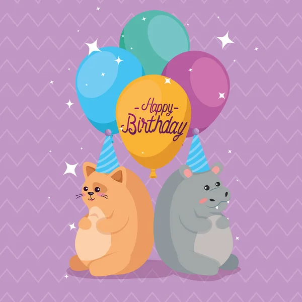 Hroch a kočka se šťastnou narozeninovou vektorovou konstrukcí — Stockový vektor
