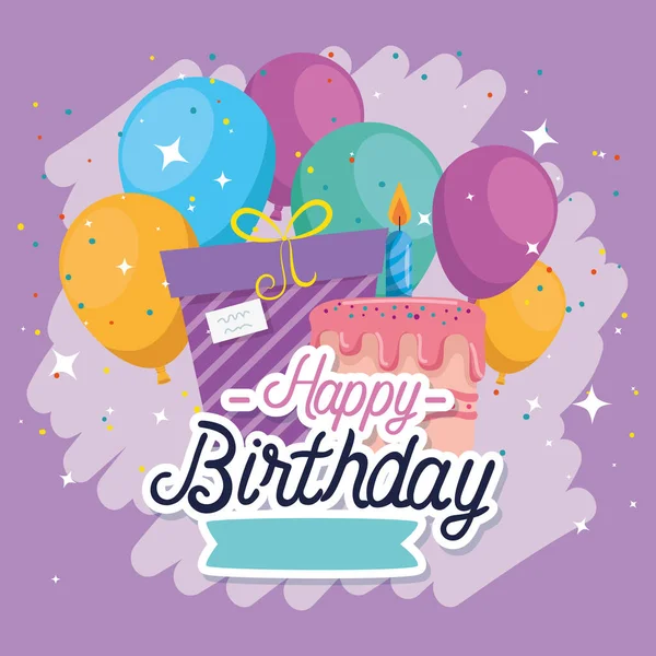 Joyeux anniversaire gâteau cadeau et conception vectorielle ballons — Image vectorielle