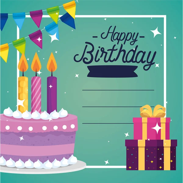 Happy Birthday cake and gifts vector design — Stock Vector