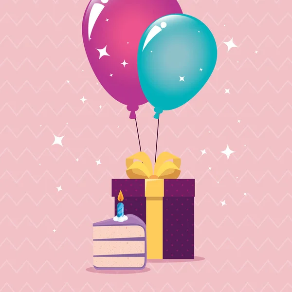Feliz cumpleaños pastel de regalo y globos vector de diseño — Vector de stock