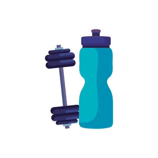 Bottle water plastic with dumbbell isolated icon — Stock Vector