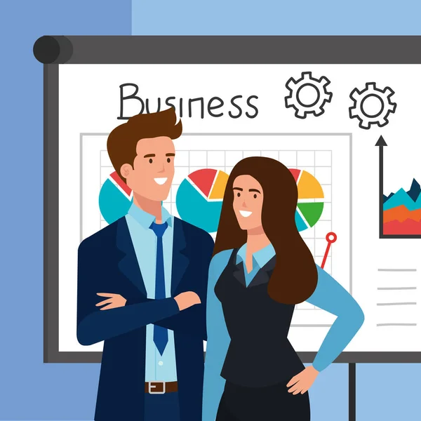 Casal de negócios com apresentação de infográficos — Vetor de Stock