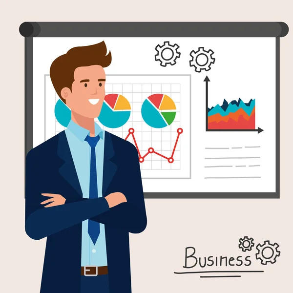 Geschäftsmann elegant mit Infografik-Präsentation — Stockvektor