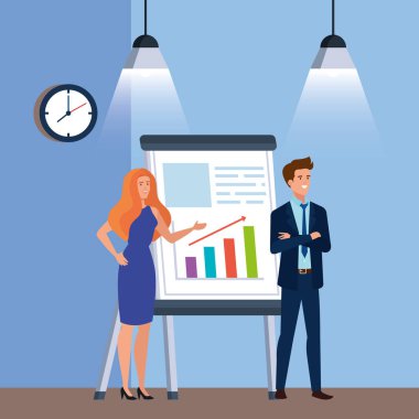 Bilgi grafikleri sunumuna sahip iş çifti