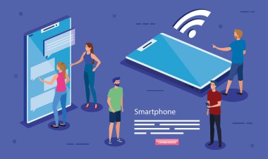 Isometric akıllı telefonlar ve insanlar vektör tasarımı