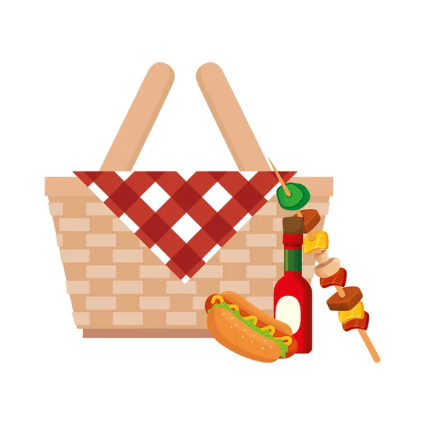 篮子柳条箱野餐与食物隔离图标 — 图库矢量图片
