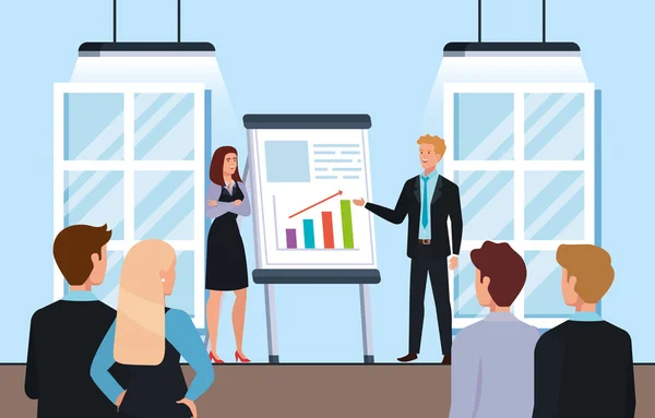 Gente de negocios reunión con infografías presentación — Vector de stock