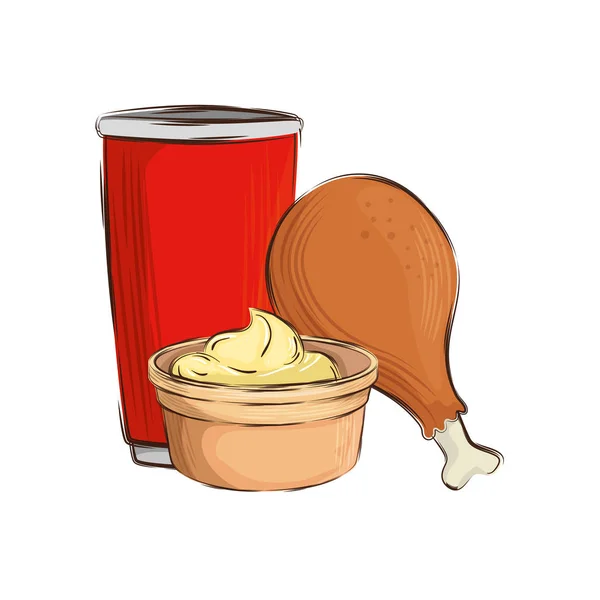 Poulet délicieux avec sauce et boisson — Image vectorielle