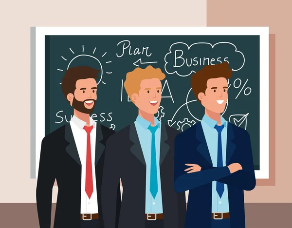 Geschäftsleute und Tafel mit Businessplan-Grafiken — Stockvektor