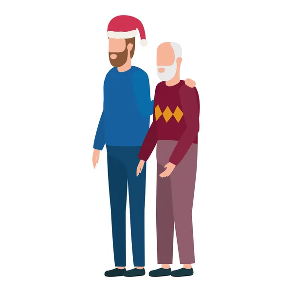 Mignon grand-père avec jeune fils en utilisant chapeau de Noël — Image vectorielle