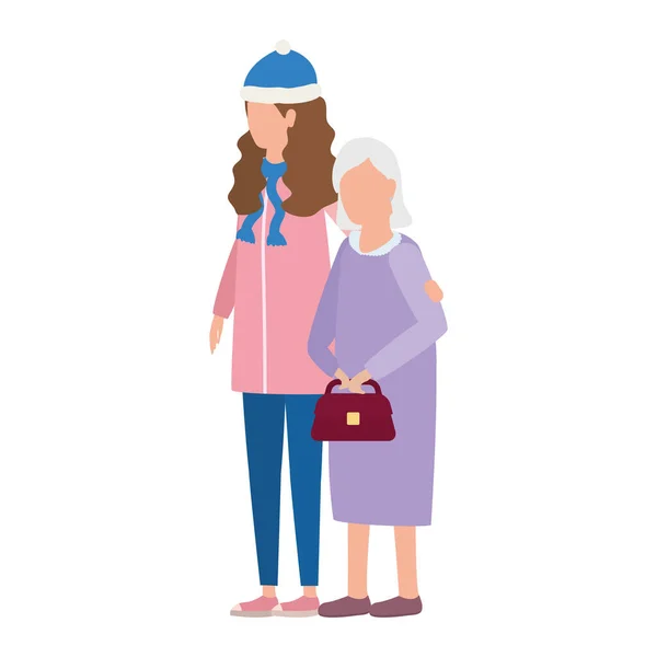 Linda abuela con hija usando sombrero de Navidad — Vector de stock