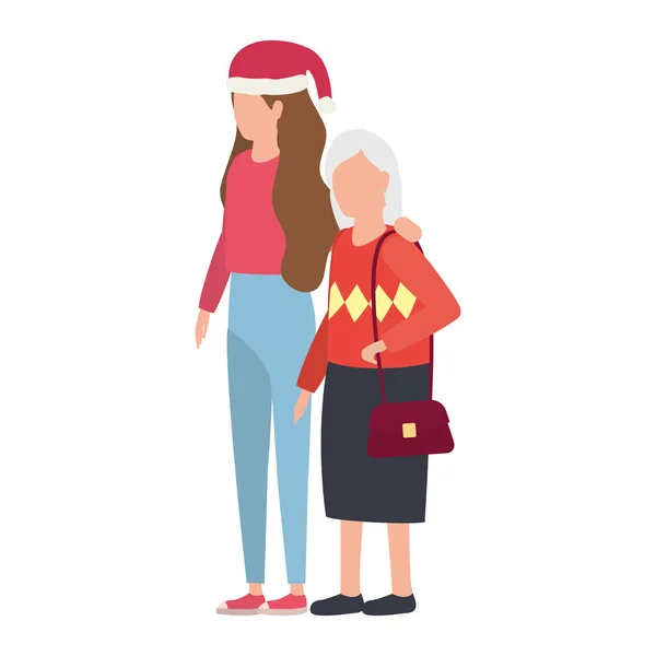 Linda abuela con hija usando sombrero de Navidad — Archivo Imágenes Vectoriales