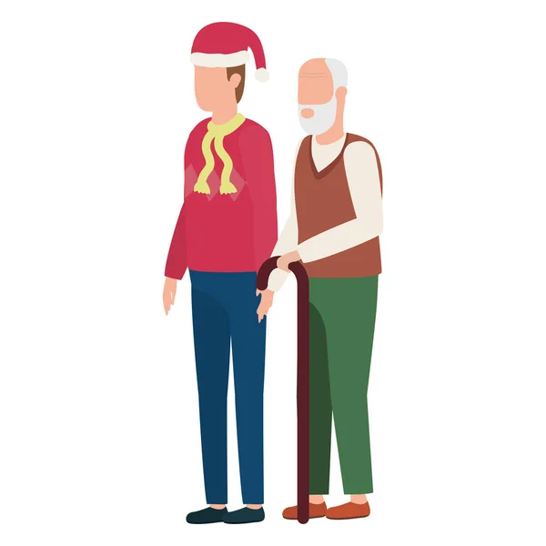Lindo abuelo con hijo joven usando sombrero de Navidad — Vector de stock