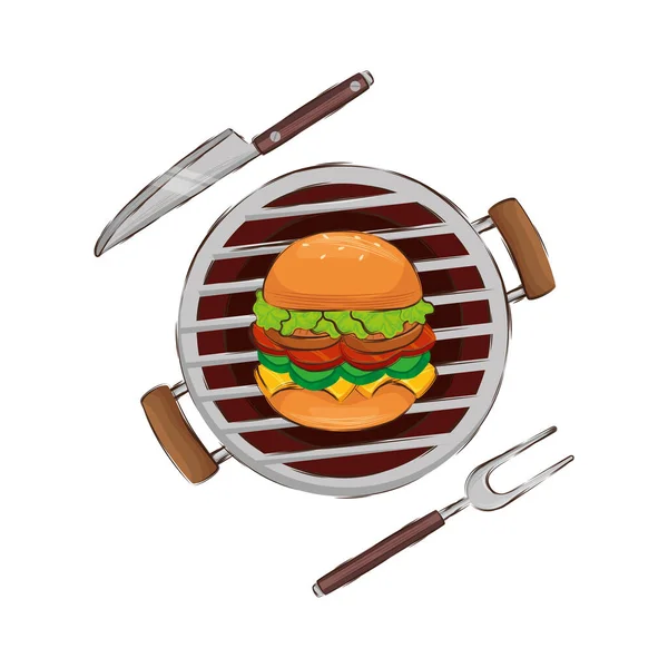 Oven barbecue with hamburger isolated icon — Stock Vector