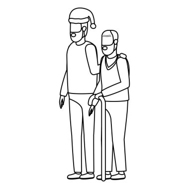 Sevimli büyükbaba ve küçük oğlu noel şapkası takıyor.