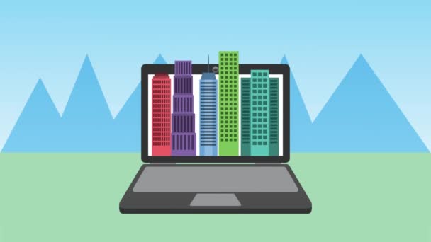 Cityscape buildings scene in laptop — Stock Video