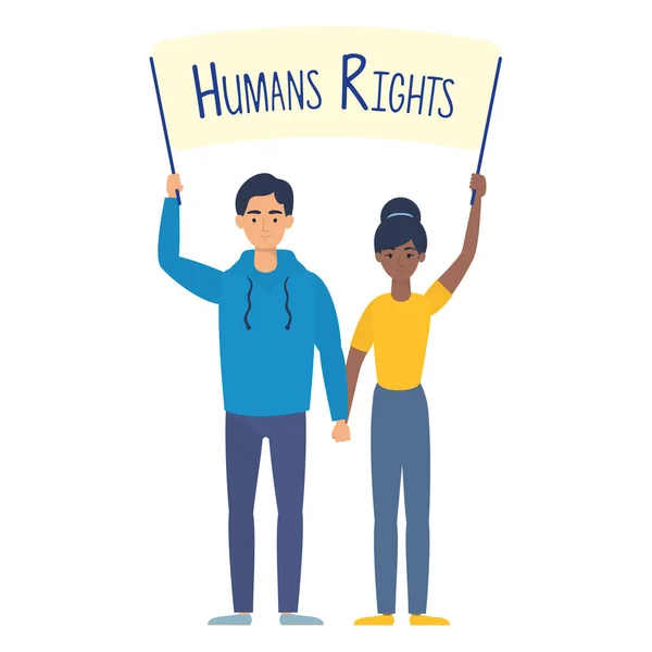 Young interracial couple with human rights label — Stock Vector