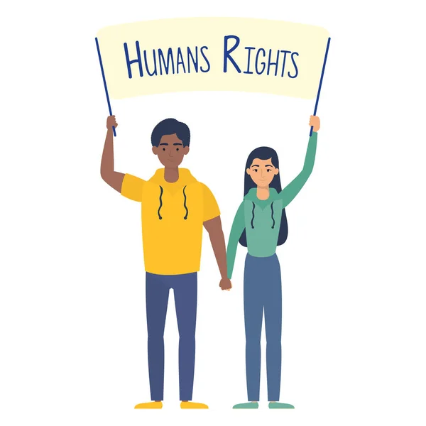 Joven pareja interracial con etiqueta de derechos humanos — Vector de stock