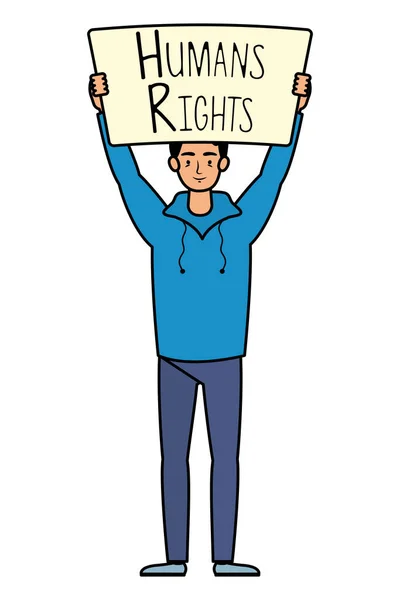 Young man with human rights label character — Stock Vector