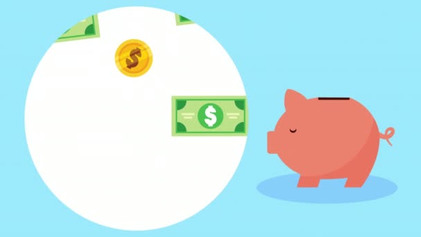 Економіка і фінанси купюри і монети дощі зі свинячими — стокове відео