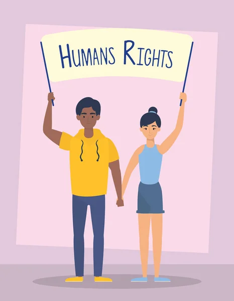 Νεαρό διαφυλετικό ζευγάρι με ετικέτα ανθρωπίνων δικαιωμάτων — Διανυσματικό Αρχείο