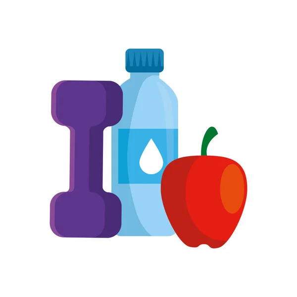 Haltère avec bouteille d'eau et pomme — Image vectorielle