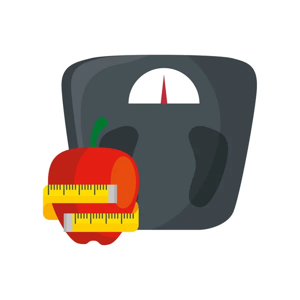 Balança medir o peso com maçã e fita métrica —  Vetores de Stock