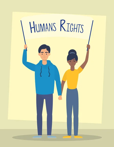 Молода міжрасова пара з міткою про права людини — стоковий вектор